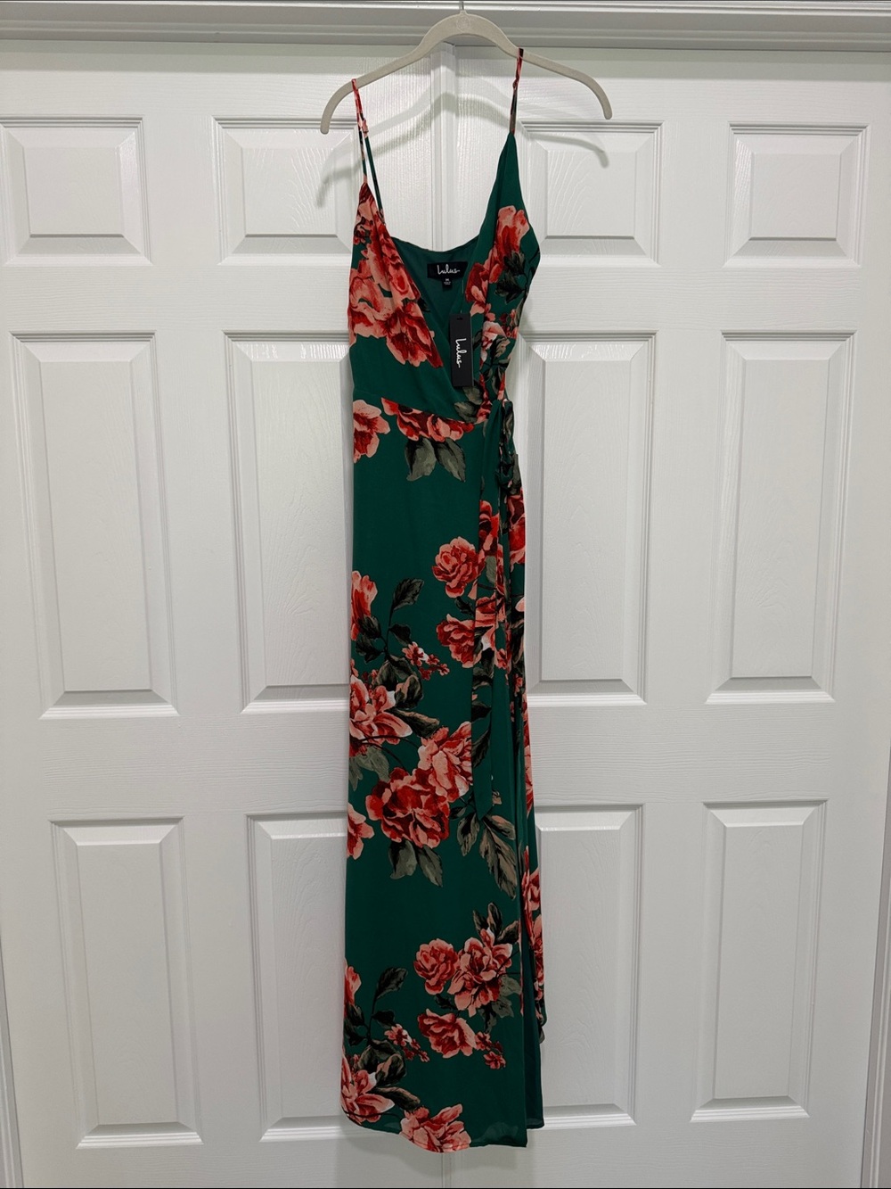 Lulu's Emerald Floral Wrap Maxi Dress with Red Roses